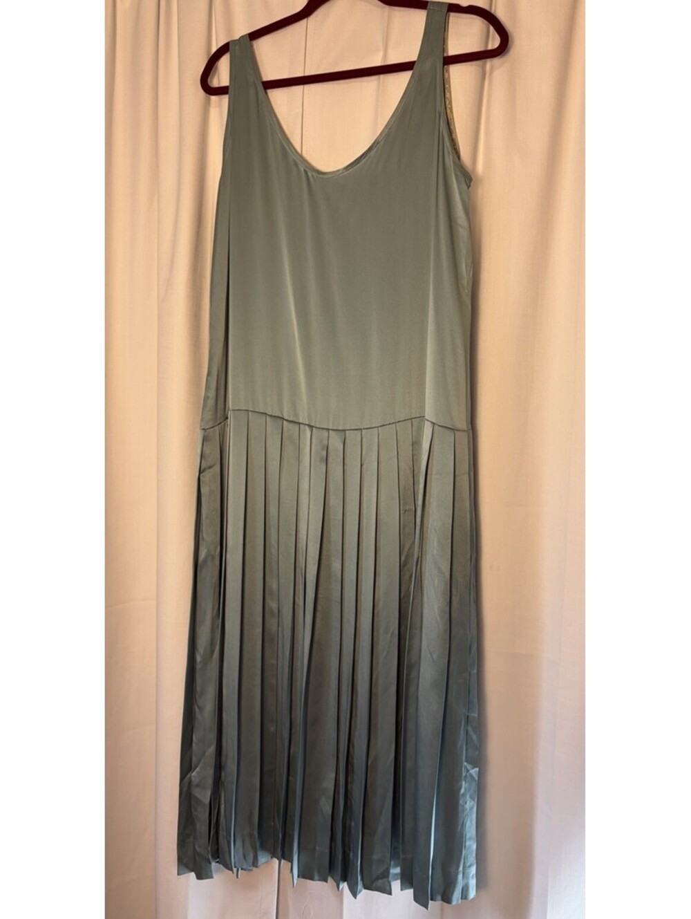 Vintage 80s Christine Vancouver Sea Green Silk Pleated Slip Midi Dress Large